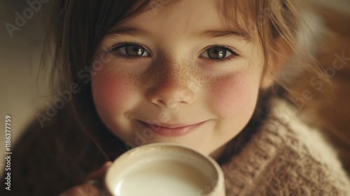 Cozy Winter Moment: A charming little girl with rosy cheeks and captivating eyes smiles warmly as she holds a steaming mug, evoking feelings of comfort and warmth on a chilly day.