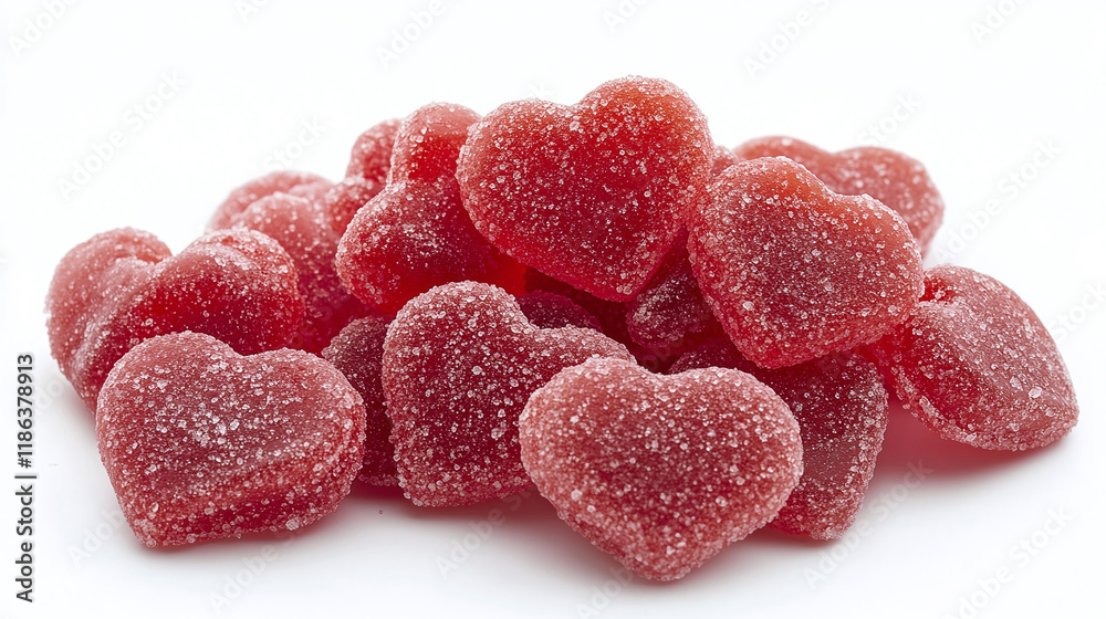 Colorful red heart-shaped candies arranged on a white background for celebration and love Colorful red heart-shaped candies arranged on a white background for celebration and love