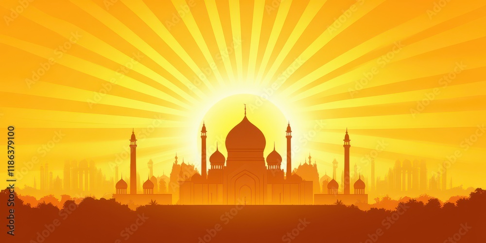 Fototapeta premium Peaceful sunset mosque silhouette on a yellow backdrop, symbolizing the blessings of Ramadan Kareem
