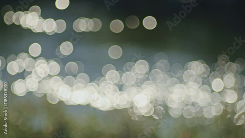 Sparkling sunlight reflections on rippling water surface with reeds in the foreground. Tranquil lake scene. Nature and outdoor environment concept.