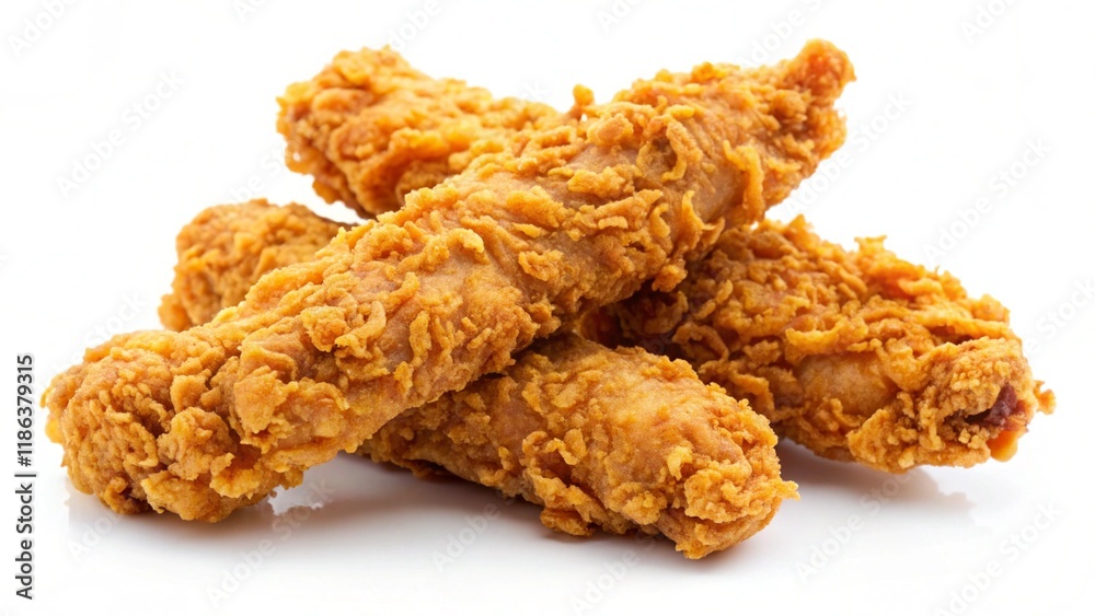 A pile of three crispy fried chicken strips, isolated on a white background. These strips are perfect for a quick and easy meal, or as a snack. They are golden brown and crispy, and have a delicious f A pile of three crispy fried chicken strips, isolated on a white background. These strips are perfect for a quick and easy meal, or as a snack. They are golden brown and crispy, and have a delicious f
