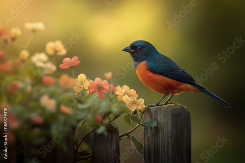 Bunter Vogel auf einem Holzpfosten mit lebendigen Blumen im Hintergrund

 photo