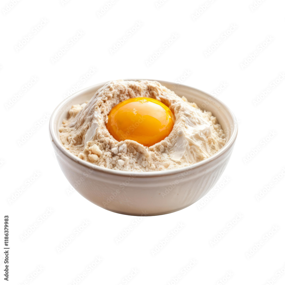 Egg in Flour: A single egg yolk sits nestled in a mound of flour, a simple yet essential ingredient for baking. The image evokes a sense of anticipation. Egg in Flour: A single egg yolk sits nestled in a mound of flour, a simple yet essential ingredient for baking. The image evokes a sense of anticipation.