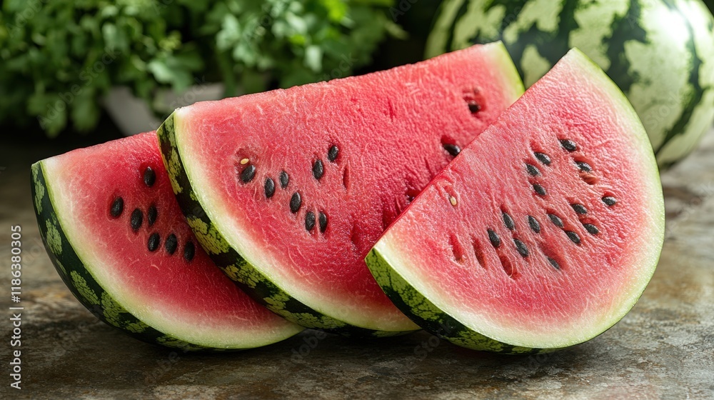 Three juicy watermelon slices, refreshing summer treat. Three juicy watermelon slices, refreshing summer treat.
