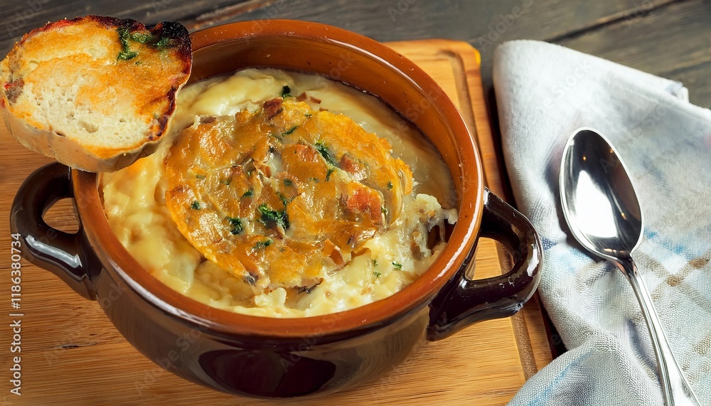 French onion soup with toasted bread and melted cheese in bowl French onion soup with toasted bread and melted cheese in bowl