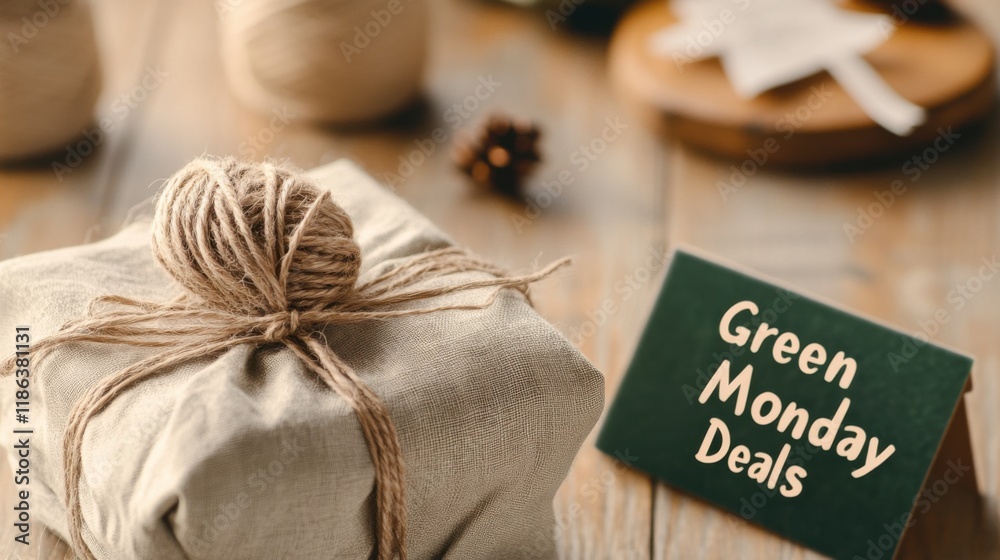 Fototapeta premium Green Monday Deals: A beautifully wrapped gift tied with twine and a