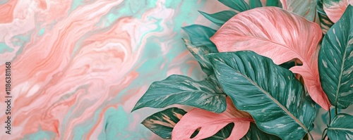 Green and pink tropical leaves with a marbled background, perfect for nature themes or botanical aesthetics Vibrant and colorful foliage, ideal for decorative