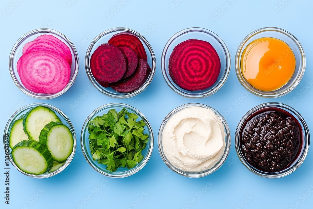 A classic silver plate featuring a symbolic meal for the Passover (Pesach) Seder, displayed on a colorful background, viewed from above A classic silver plate featuring a symbolic meal for the Passover (Pesach) Seder, displayed on a colorful background, viewed from above