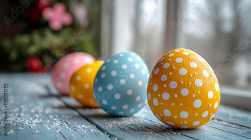 colorful easter monday eggs placed on a wooden table background. perfect for poster, banner, web, and social media. ai generative design