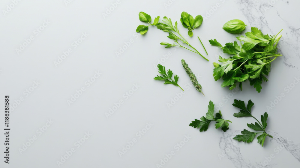 Fototapeta premium Fresh Herbs Arranged on a Grey Marble Surface With Soft Holographic Highlights for a Modern Kitchen Setting