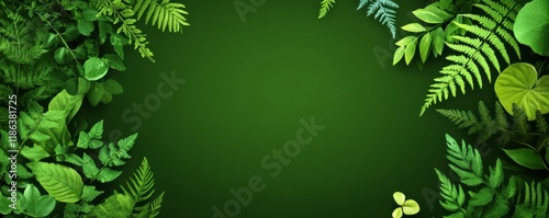Green foliage arranged beautifully on a deep green background, showcasing a variety of plants and leaves, perfect for eco friendly concepts and nature themes