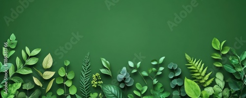 Green foliage arranged beautifully on a deep green background, showcasing a variety of plants and leaves, perfect for eco friendly concepts and nature themes