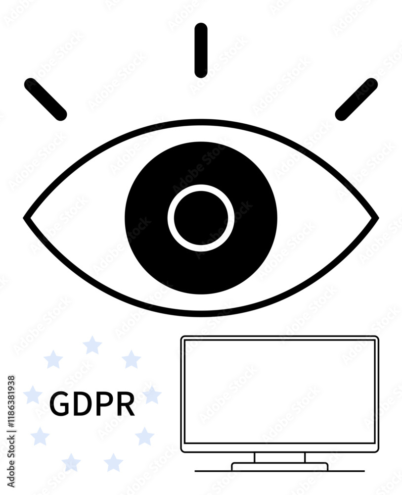 Eye symbol above a computer monitor and GDPR text surrounded by stars next to it. Ideal for data privacy concepts, compliance awareness, internet safety, cyber security, online regulations, data Eye symbol above a computer monitor and GDPR text surrounded by stars next to it. Ideal for data privacy concepts, compliance awareness, internet safety, cyber security, online regulations, data