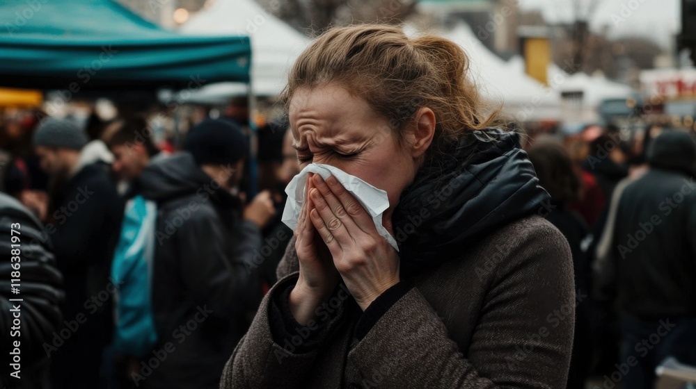 Woman Sneezing into Tissue in Urban Market Scene Woman Sneezing into Tissue in Urban Market Scene