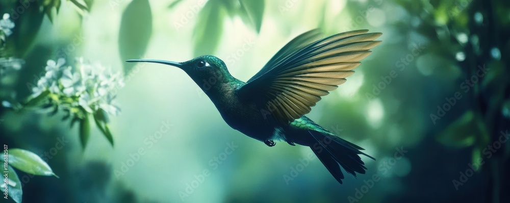 Fototapeta premium Green hummingbird wildlife animal wing nature flying bird illustration blue