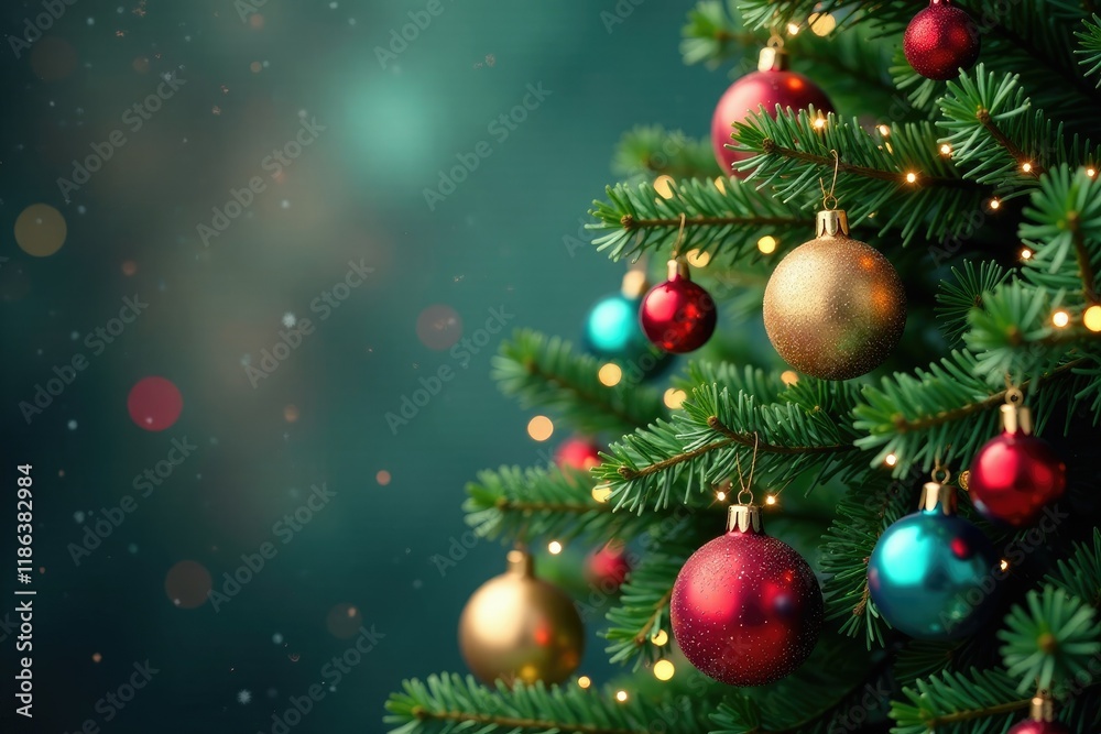 Naklejka premium Christmas tree branch with colorful ornaments and garland, colorful ornaments, twinkling, mistletoe