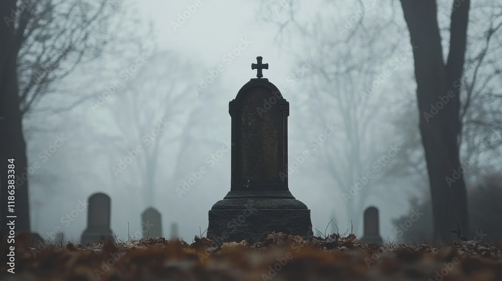 Foggy Cemetery with Grave Marker Surrounded by Leafless Trees Foggy Cemetery with Grave Marker Surrounded by Leafless Trees