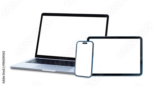 Set of smart devices smartphone, tablet and laptop with blank screen isolated on transparent background, PNG Format