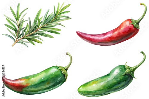 Fresh herbs and peppers, vibrant watercolor style, culinary ingredients, natural food illustration, colorful vegetable art.