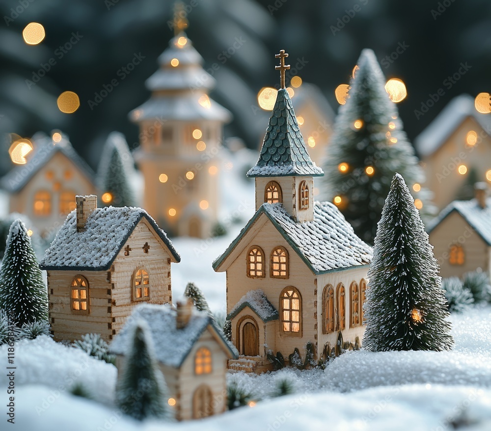 Fototapeta premium Christmas Village on a Snowy Shelf Table Christmas Decoration