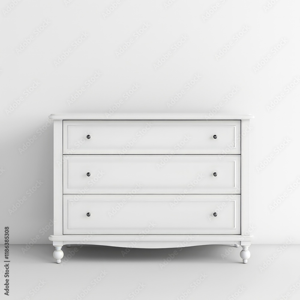 A simple white dresser with three drawers, suitable for storage and home decor. isolated on white background A simple white dresser with three drawers, suitable for storage and home decor. isolated on white background