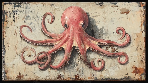 Pink Octopus: A Detailed Vintage-Style Ocean Painting