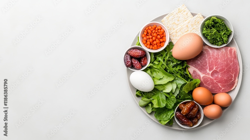 On a marble background with room for text, the Seder plate for the Jewish Pesach holiday features symbolic foods traditionally eaten during the Seder