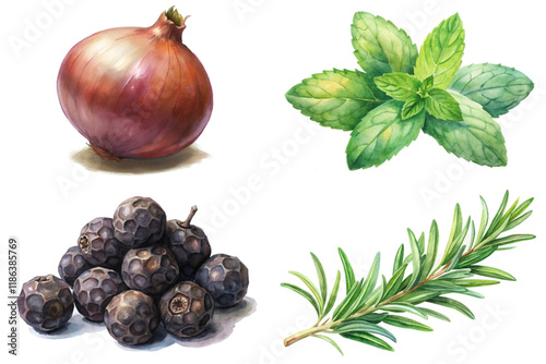 Fresh herbs and vegetables, vibrant colors, culinary ingredients, organic produce, food illustration, cooking essentials.