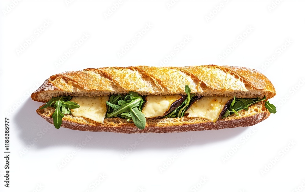 A crunchy baguette sandwich filled with brie cheese, arugula, and fig jam, hovering on a clean white background A crunchy baguette sandwich filled with brie cheese, arugula, and fig jam, hovering on a clean white background
