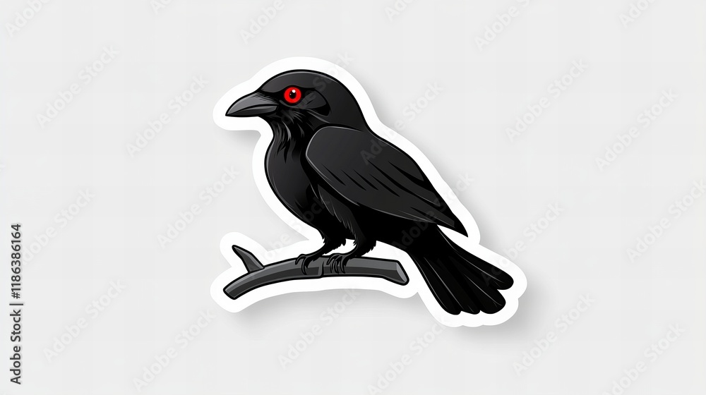 Obraz premium Stylized black raven with red eyes perched on a branch. Dark, mysterious, and elegant design.