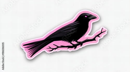 Stylized black crow perched on a pink branch. Dark and light contrast.  Bold graphic art. photo