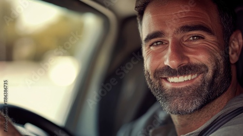 The Road Ahead: A smiling man, radiating confidence and a zest for life, sits behind the wheel of his vehicle, ready to embrace the open road ahead.   photo