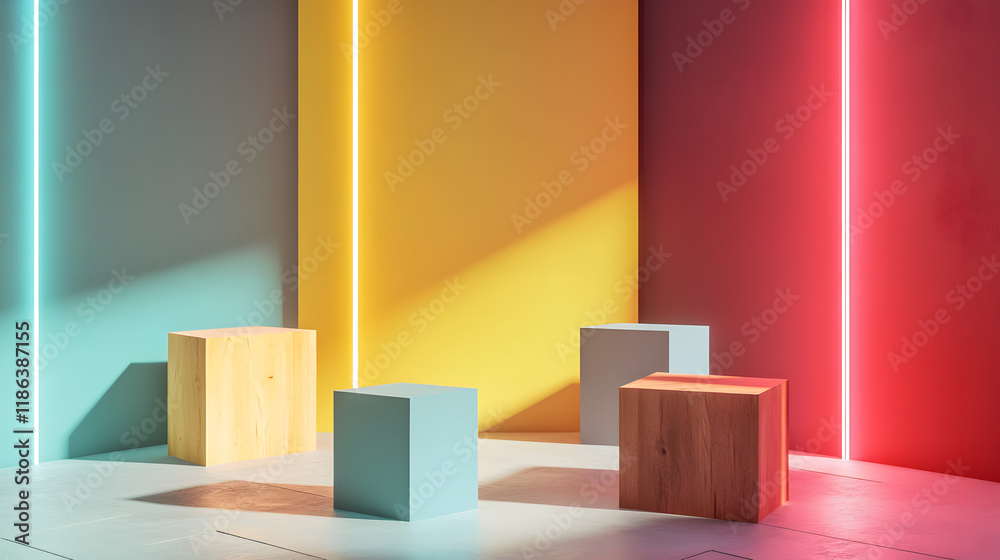 set of colorful and wooden 3d podium stands with cube tables and neon lamps for product display and stage showcase in a modern geometric design and minimalist abstract scene. set of colorful and wooden 3d podium stands with cube tables and neon lamps for product display and stage showcase in a modern geometric design and minimalist abstract scene.