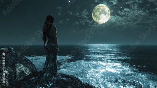 A serene selkie standing by a moonlit shoreline, her seal pelt draped over her shoulders as the waves lap gently at the rocks beneath her feet, illuminated by the silvery glow.