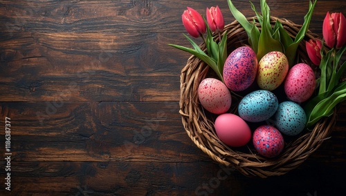 A rustic basket adorned with decorated Easter eggs and a bouquet of yellow tulips, viewed from an overhead angle