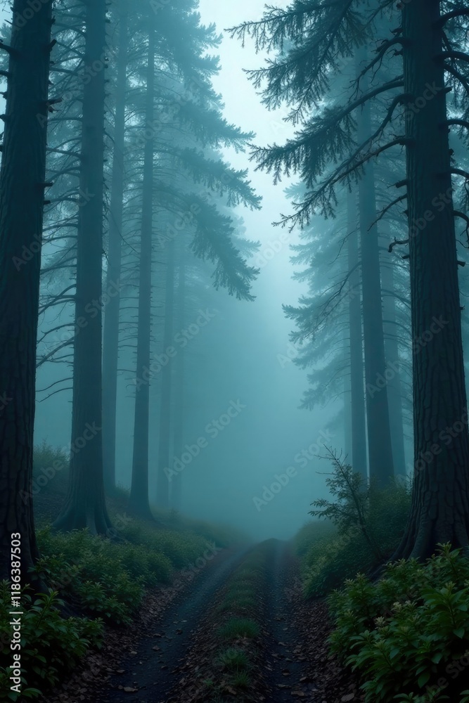 Obraz premium Fog creates a mystical ambiance in a secluded and mysterious forest, natural scenery, eerie mood, fog
