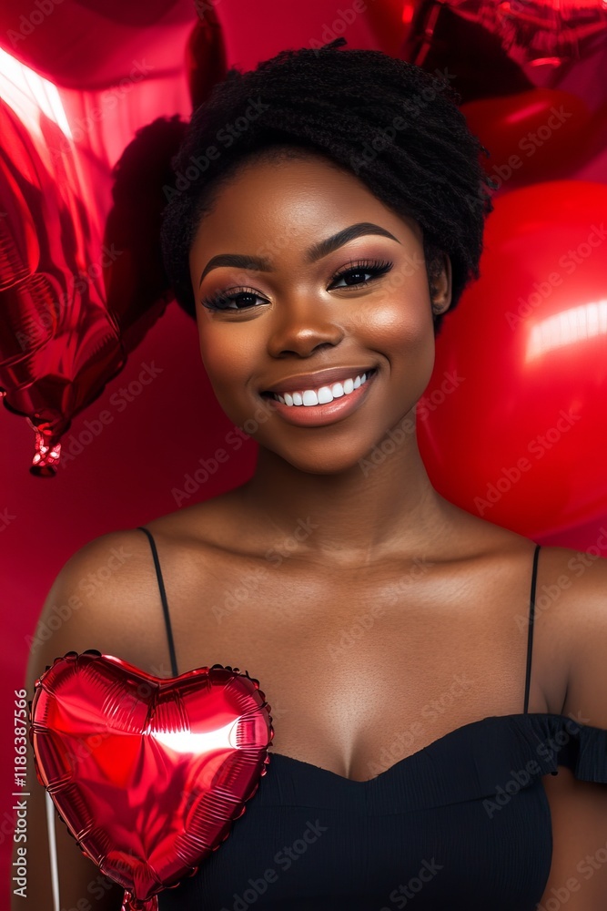 Joyful Black Woman Holding Heart-Shaped Balloon Against Background of Red Hearts Joyful Black Woman Holding Heart-Shaped Balloon Against Background of Red Hearts