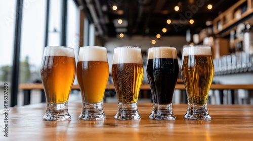 A vibrant taproom displays a lineup of craft beers, each glass brimming with flavor and color.