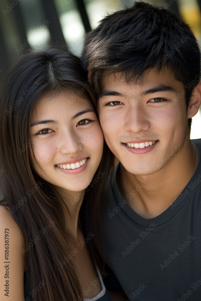 Cheerful East Asian Individuals Smiling Together in Urban Environment with Copyspace Area Cheerful East Asian Individuals Smiling Together in Urban Environment with Copyspace Area