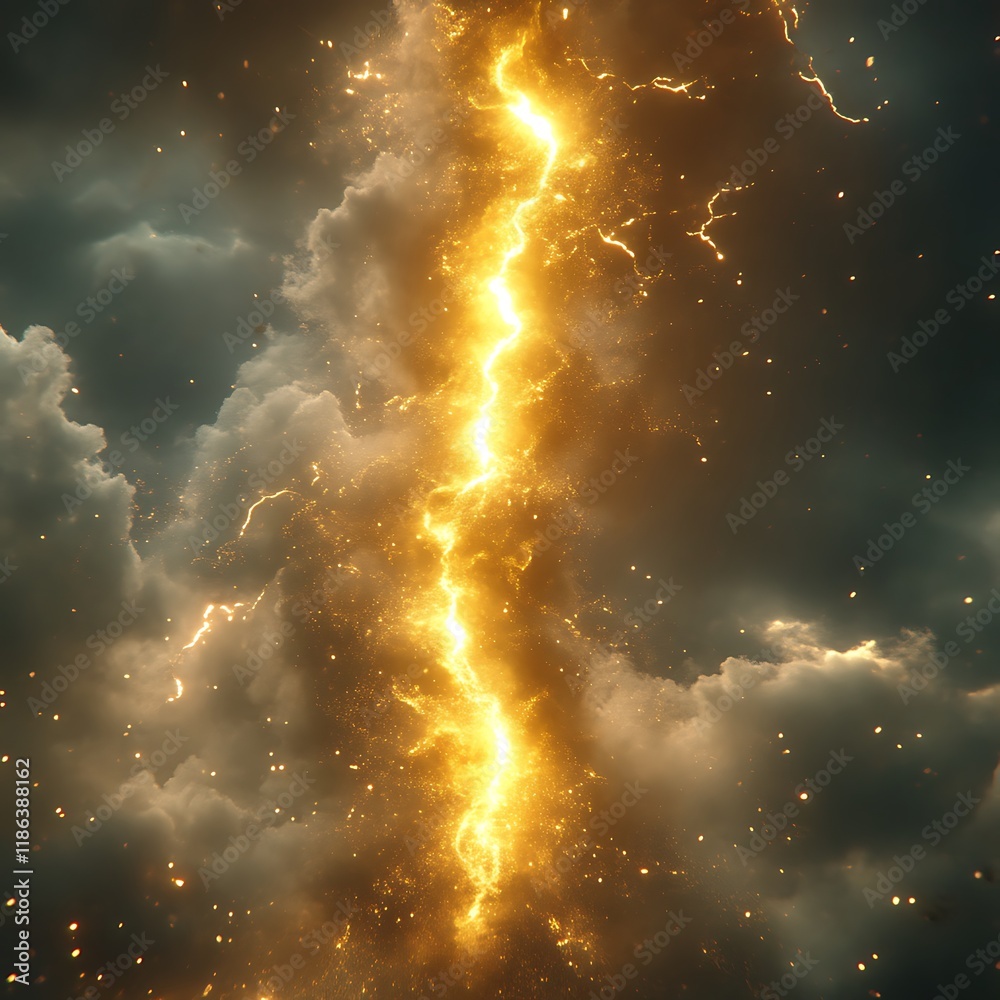 Fototapeta premium Golden Lightning Strike: Dramatic Celestial Event in Dark Clouds
