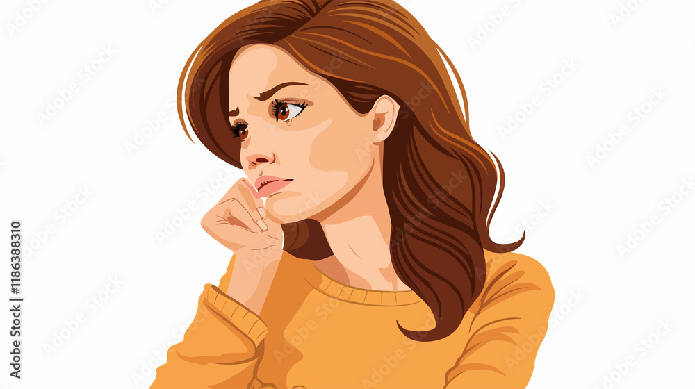 A thoughtful woman portrayed as reflecting on problems with a pensive expression. A thoughtful woman portrayed as reflecting on problems with a pensive expression.