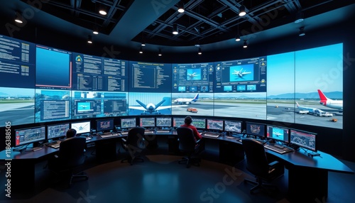 Airport flight control center. Operators monitor planes in real time. Modern tech controls planes, airport. Big screens display details. Advanced system ensures safe, efficient air traffic.
