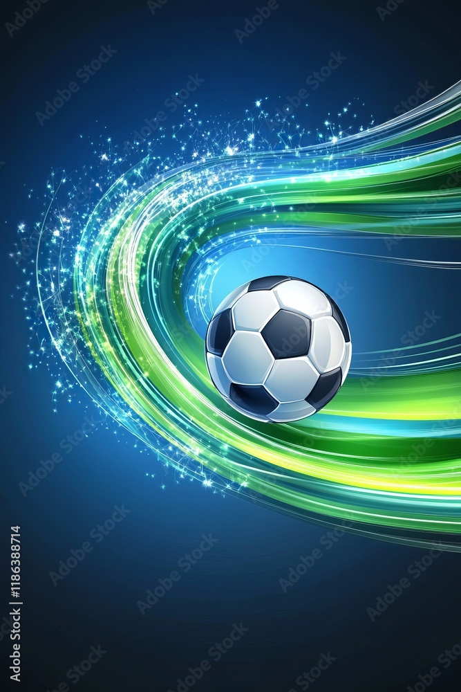 Naklejka premium Vibrant Blue and Green Gradient Background with Football and Sparkling Effects