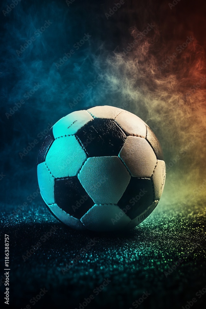 Fototapeta premium Dark Themed Football with Glowing Blue Background and Smoky Effects