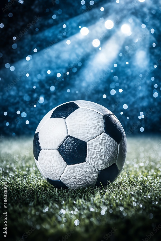Naklejka premium Bright Football Ball in Stadium Lights with Focus on Grass Surface and Background Effects