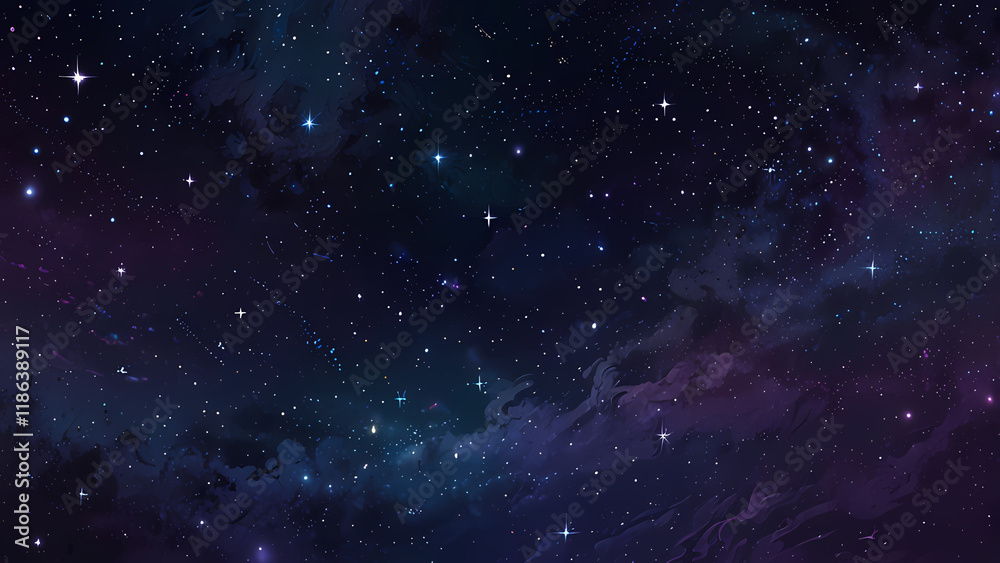Naklejka premium A mesmerizing abstract illustration of a starry night sky, featuring glowing stars of varying sizes scattered across a gradient of deep blue and purple hues, with soft swirls of cosmic light
