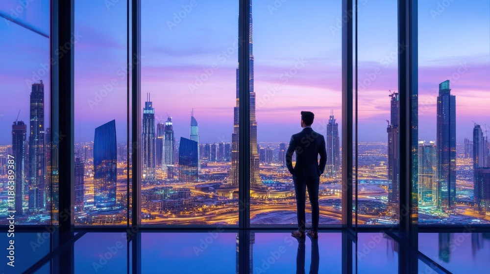 Fototapeta premium Dubai Skyline: A Man's Vision at Dusk