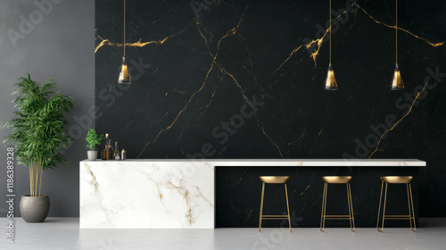 Modern Kitchen Design With Black Marble Wall and Gold Accents Featuring Sleek White Marble Countertop