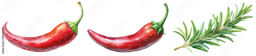 Obraz premium Fresh red chili peppers, vibrant watercolor illustration, culinary herbs, natural ingredients, food decoration, kitchen art.