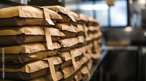 Stacked Food Delivery Bags Ready for Dispatch in Restaurant Kitchen Environment